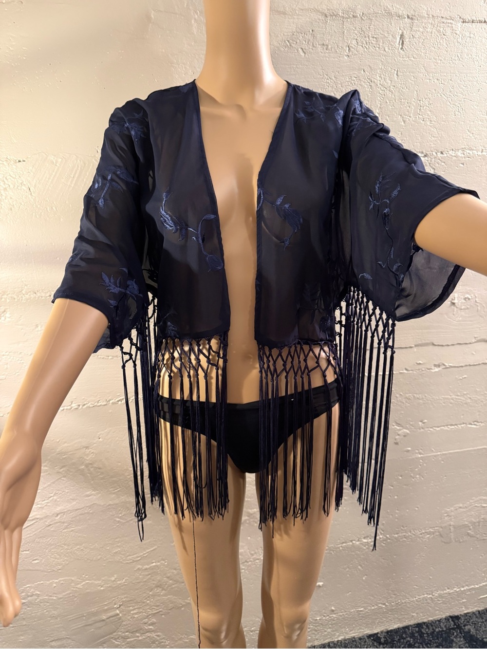 Haute Society Navy Blue Sheer Kimono Top with Embroidered Detail